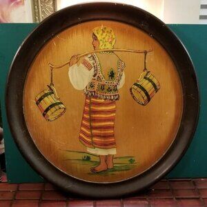 Vintage Folk Art Woman Water Carrier Robinhood Ware Round Wood Platter 14" Dia
